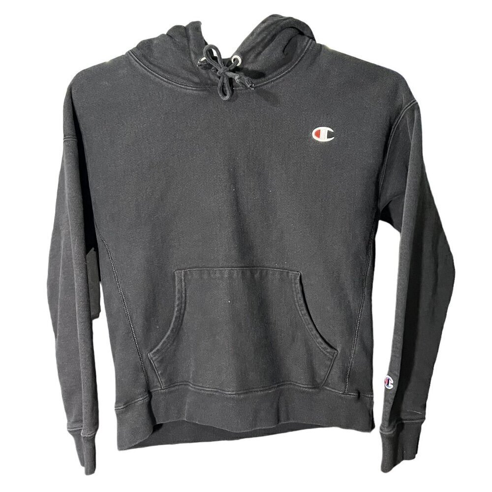 Vtg Champion Reverse Weave Stitched Logo Pullover Hoodie Black Size Kid's Large